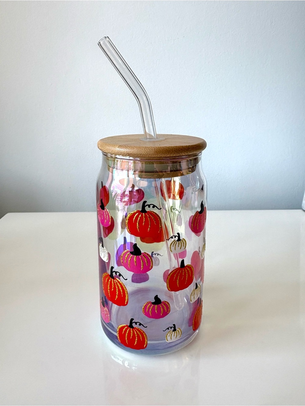 NEW Clear Glass Pumpkin Tumbler with Bamboo Lid and Straw